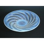 An R. Lalique 'Poissons' pattern opalescent glass dish, with wheel etched signature to underside