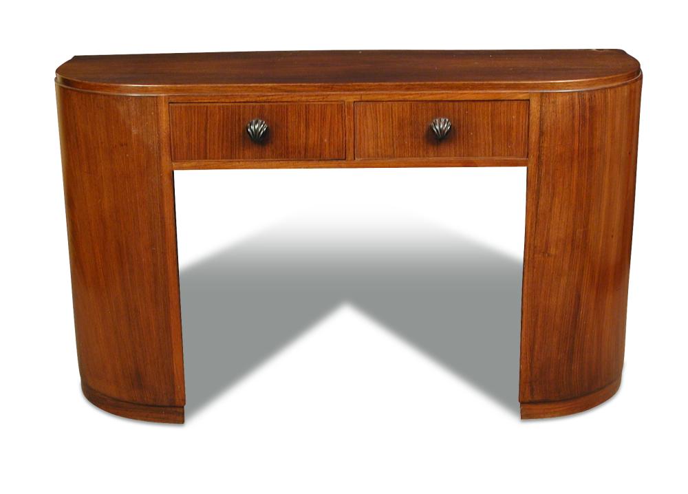 Betty Joel, an Art Deco walnut side table, 1937, the D-shaped top above two central frieze drawers