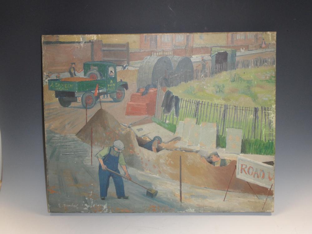 § Evelyn Mary Dunbar, NEAC, RWS, ARCA (British, 1906-1960) Roadworks signed lower left "Evelyn - Image 2 of 9