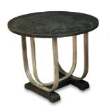 An ebonised and chrome circular occasional table with circular top over a double chrome stand 50 x
