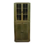 Paul Matts for Brynmawr, an original green enamel oak corner cupboard, the glazed top section above