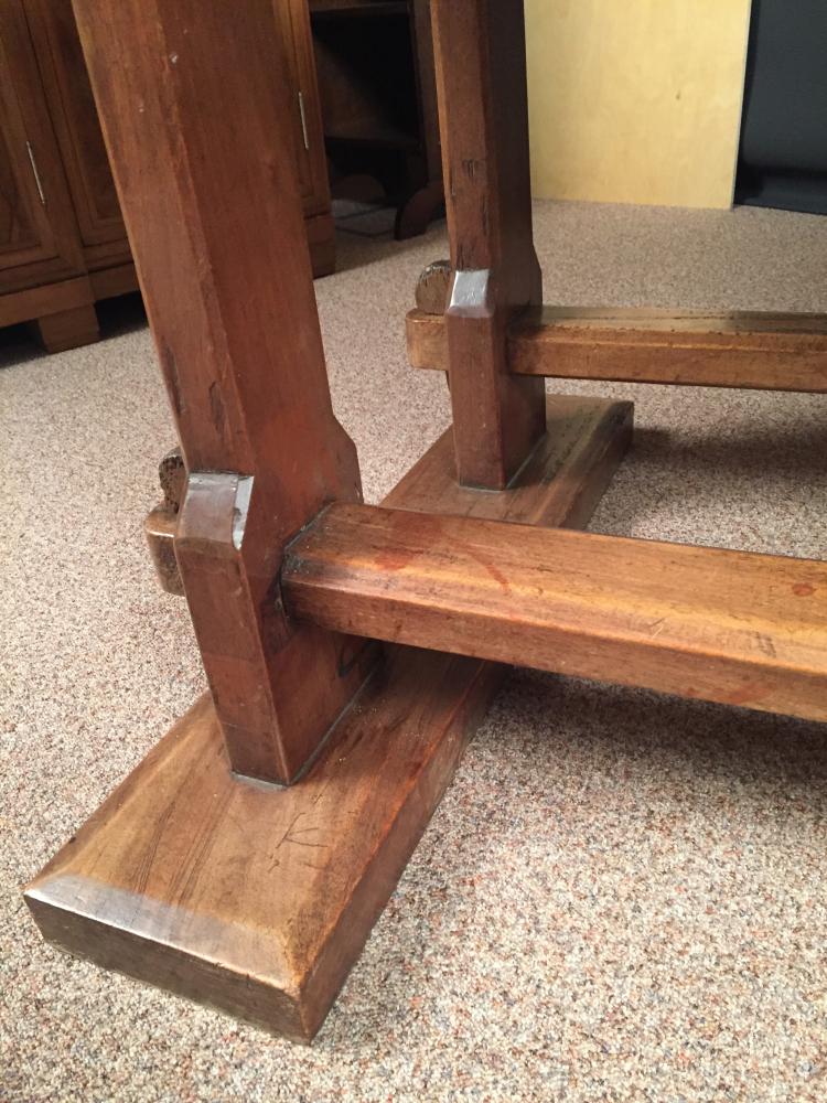 An Arts & Crafts walnut refectory table, the rectangular top supported to either end by a pair of - Image 5 of 5