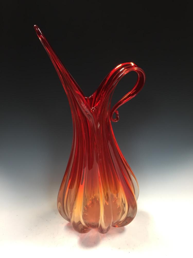 A large Barovier & Toso Murano red glass ewer form vase, with loop handle, unsigned 48cm (19in)