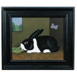 § Martin Leman (British, b. 1934) A Black and white Dutch rabbit eating lettuce with a butterfly