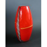 A Cenedese, Murano art glass vase, the red cased glass body with abstract trailed designs, etched