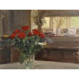 § Robbie Wraith, RP (British, b. 1952) Still life of Red Roses in an interior signed lower right "