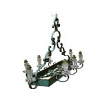 A pair of 20th century painted wrought iron and glass chandeliers, each with scroll work support