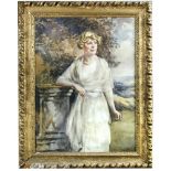 English School , early 20th Century Portrait of a lady in a cream voile dress by a pedestal in a