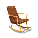 A mid-20th century beech wood rocking chair, upholstered in brown fabric 80 x 58cm (31 x 23in)