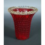 Pino Signoretto for Murano, a flared glass vase, the reeded red glass form with bubble inclusions