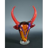 Mario Badioli for Murano, a glass bull's head, circa 1980, the amber and red glass model with