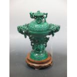 A modern Chinese malachite three part vase with wood stand Bowl cracked and damaged to the rim