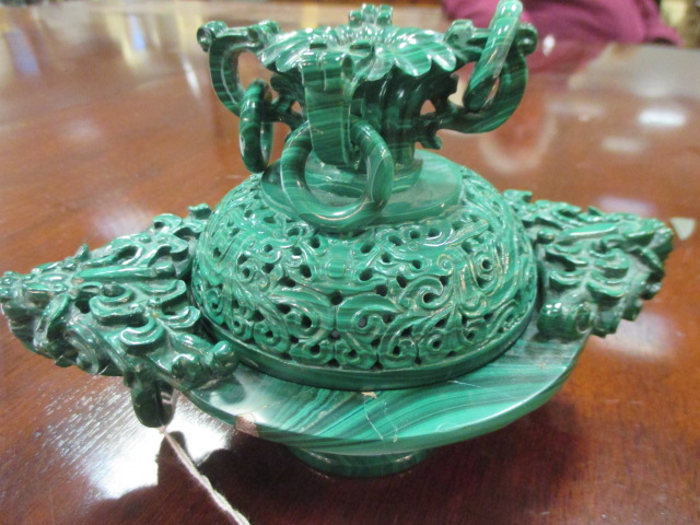 A modern Chinese malachite three part vase with wood stand Bowl cracked and damaged to the rim - Image 2 of 6