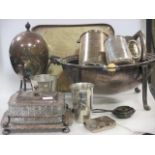 A silver plated and glass butter dish, egg coddler and other silver plated items
