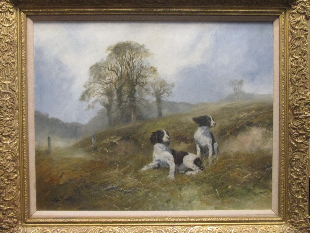 § John Trickett (British, 20th Century), Study of two black-and-white English Springer Spaniels on a