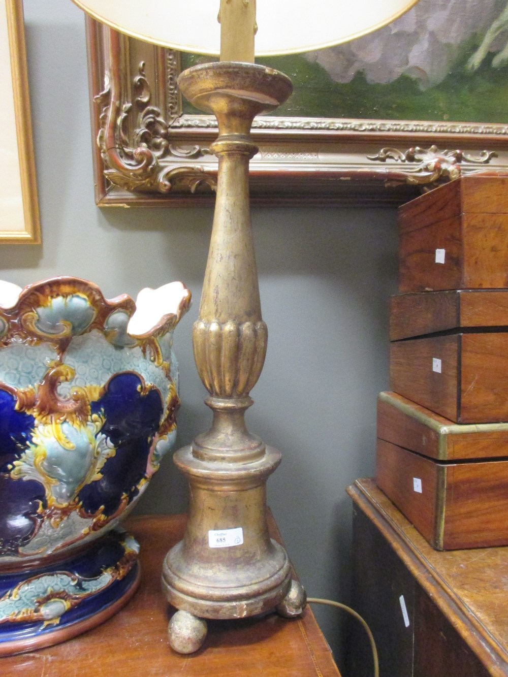 Giltwood carved columns as table lamps 56cm approx without shades (2) - Image 2 of 2