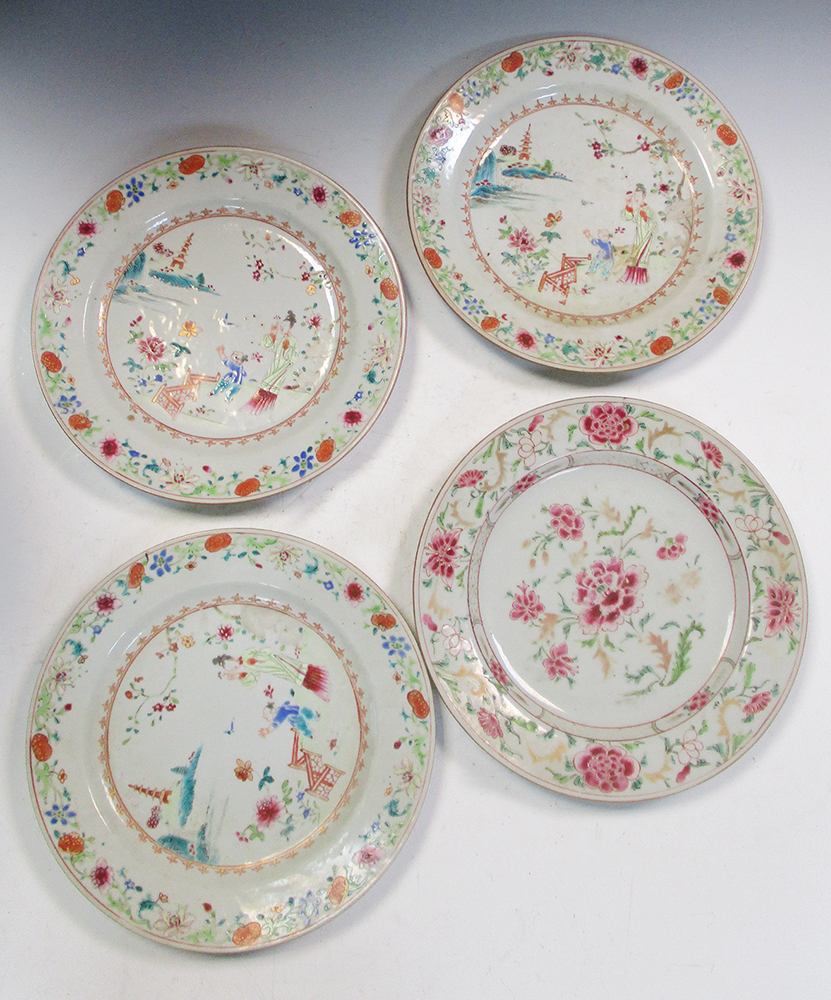 A set of three and another 18th century famille rose plate, 23cm (9 in) diameter (4) One of the