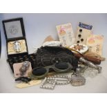 A quantity of buttons, compacts, ladies accessories, corkscrews etc