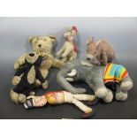 Pre -war and other novelty soft toys; Bonzo, Elephant, Kangaroo, Donkey, 'Sunny Jim' and a mohair