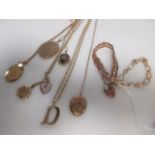 A 9ct gate bracelet, a 9ct heart link bracelet, five 9ct necklaces and chains (53.8g) and two