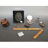 Snuff boxes, a Rabone folding ruler, a wooden fishing reel, enamelled fobs etc