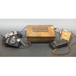 A Regency brass inlaid work box and various cameras etc