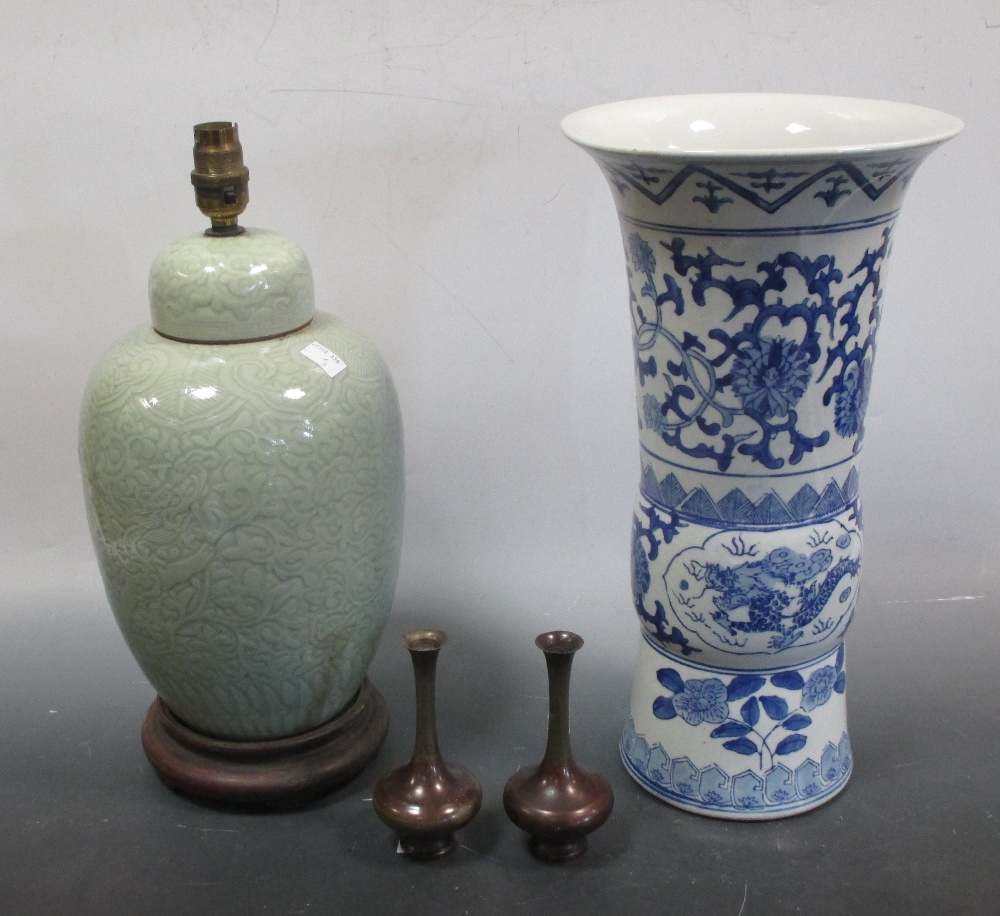 Lamp base, two small vases and a blue and white vase