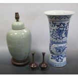 Lamp base, two small vases and a blue and white vase