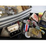 Cufflinks, war medals, badges, together with a large quantity of coins etc.