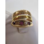 An 18ct wedding band, an 18ct ruby and pearl ring (one pearl missing) and another unmarked wedding