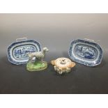 A pair of 18th century small Chinese export rectangular blue and white dishes, a Staffordshire