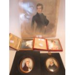 English School, 19th Century, Four portrait miniatures, the first of Mary Anne Oakes, wife of