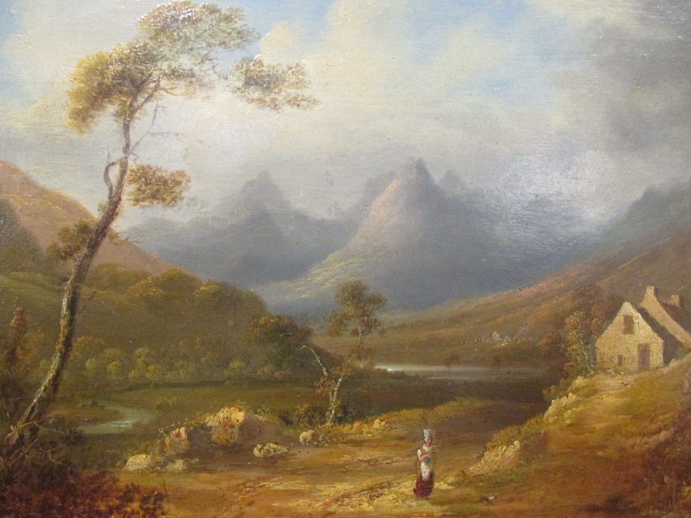 * Hunt (early 19th century). Mountainous landscape with figure, oil on bevelled mahogany panel, - Image 3 of 10