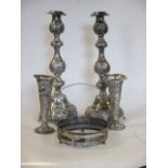 Various silver spoons, pair of silver candlesticks, small vases, silver dish frame, together with