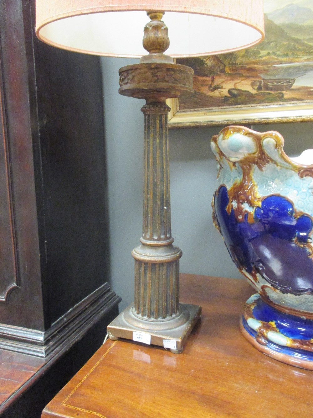 Giltwood carved columns as table lamps 56cm approx without shades (2)