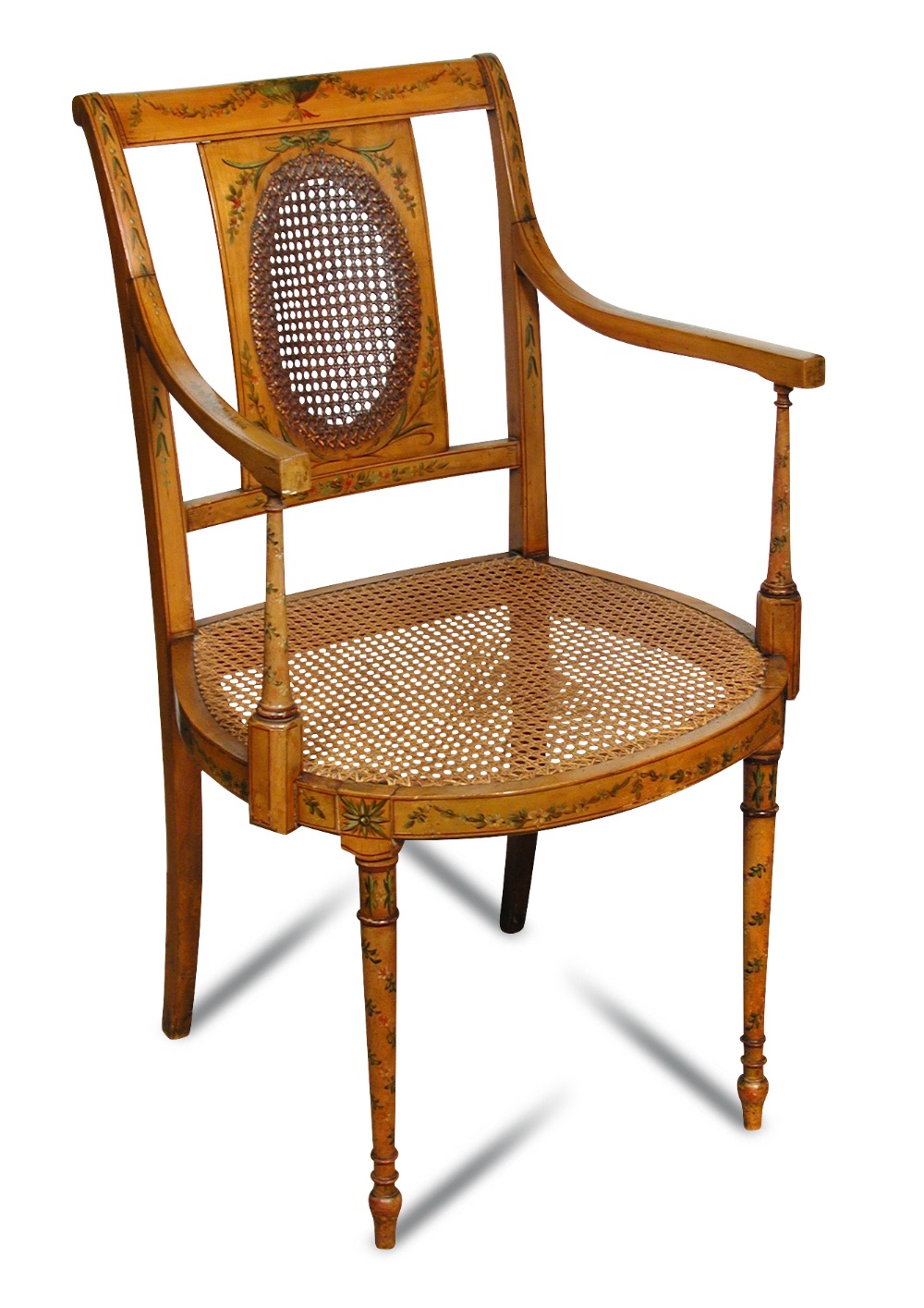 An Edwardian satinwood armchair, with floral painted frame and cane panels 90 x 45cm (35 x 18in)