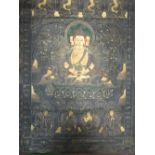 A Tibetan black ground cloth Thangka gilt and painted with an enthroned four headed Buddha, 60 x