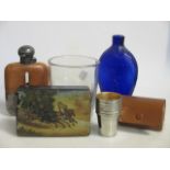 A silver plated and leather hip flask together with a Russian box, blue glass bottle and a set of