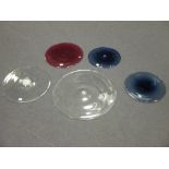 Neil Wilkin and others, five clear and coloured glass discs