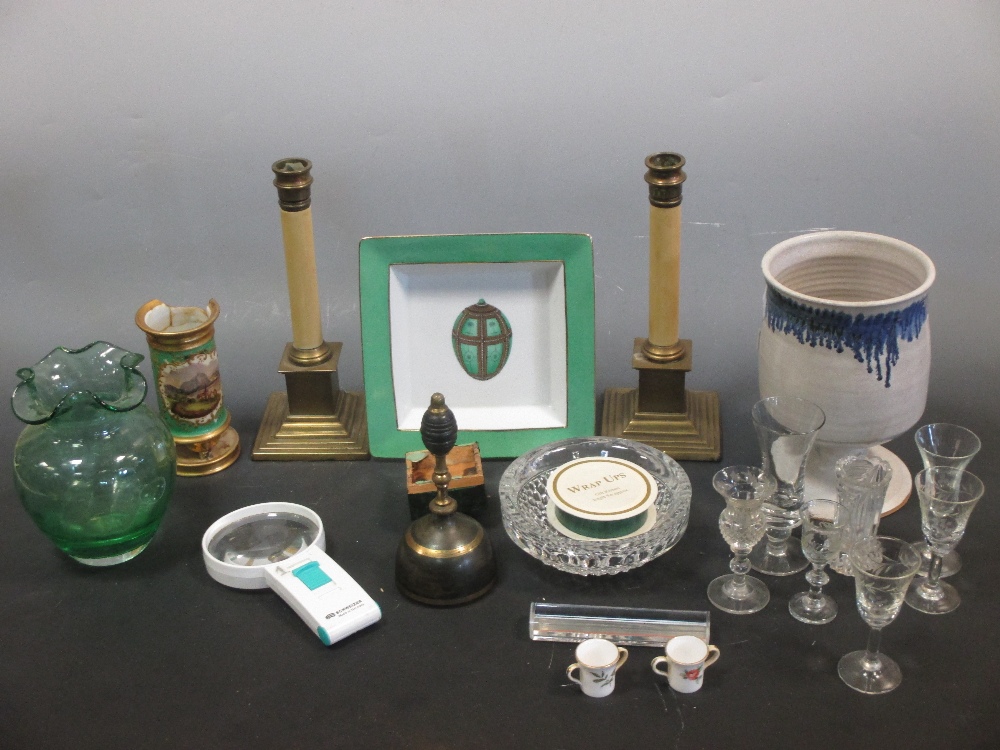 A pair of brass footed white columnar candlesticks and a handbell together with a quantity of - Image 4 of 4