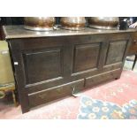 An early 18th century oak coffer with three panelled front, 70 x 142 x 57cm