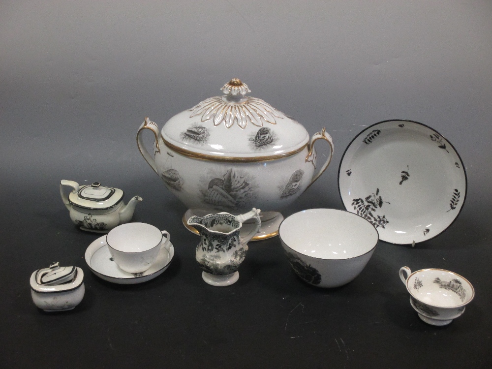 A collection of black printed and decorated wares by Worcester, New Hall and others