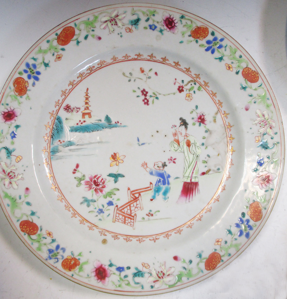 A set of three and another 18th century famille rose plate, 23cm (9 in) diameter (4) One of the - Image 3 of 10