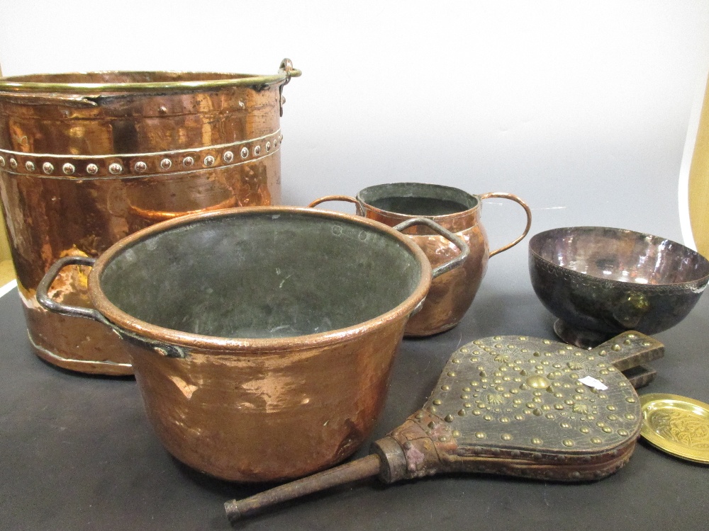 A copper coal bucket, a brass bowl, an antique elm yoke, a pair of bellows, and other metalware - Image 3 of 3