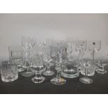 Six cut glass tumblers, five others and seventeen wine and water glasses