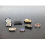 A 19th century pocket silver snuff box, indistinct marks, two agate mounted boxes, three lacquer