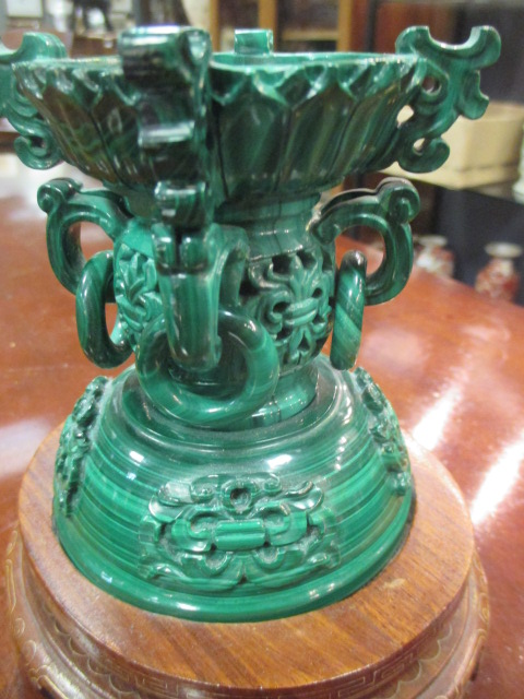 A modern Chinese malachite three part vase with wood stand Bowl cracked and damaged to the rim - Image 3 of 6