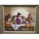 John Williamson (contemporary), drinkers seated before a red cabbage, oils 59 x 75cm (23 x 29in)