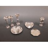 Two silver trophy sweet dishes another heart shaped, three specimen vases and a small trophy cup and