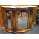 A mid-Victorian serpentine walnut cabinet with marble top and inlaid decoration, 83 x 116 x 36cm